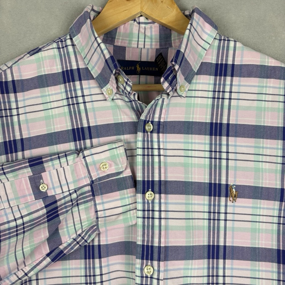 Polo Ralph Lauren Oxford Shirt Men’s Large Blue Plaid Flesh Pony Long Sleeve